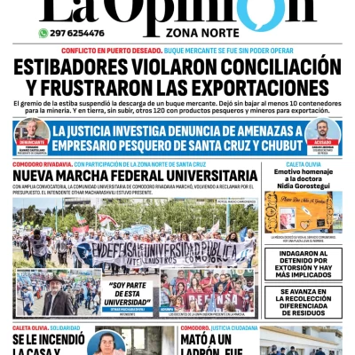 Tapa del Diario La Opinión Zona Norte edición impresa del miércoles 13 de noviembre de 2024, Caleta Olivia, Santa Cruz, Argentina