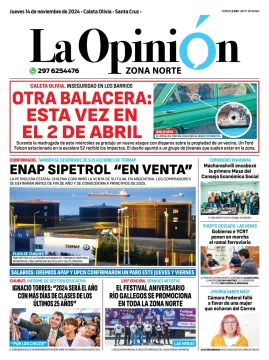 Tapa del Diario La Opinión Zona Norte edición impresa del jueves 14 de noviembre de 2024, Caleta Olivia, Santa Cruz, Argentina