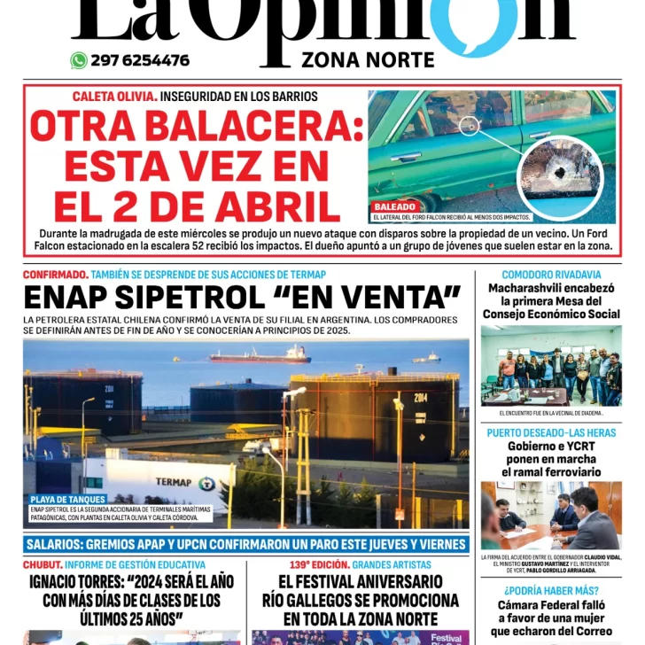 Tapa del Diario La Opinión Zona Norte edición impresa del jueves 14 de noviembre de 2024, Caleta Olivia, Santa Cruz, Argentina