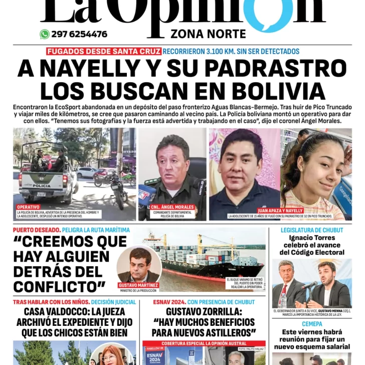 Tapa del Diario La Opinión Zona Norte edición impresa del viernes 15 de noviembre de 2024, Caleta Olivia, Santa Cruz, Argentina