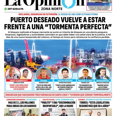 Tapa del Diario La Opinión Zona Norte edición impresa del lunes 18 de noviembre de 2024, Caleta Olivia, Santa Cruz, Argentina