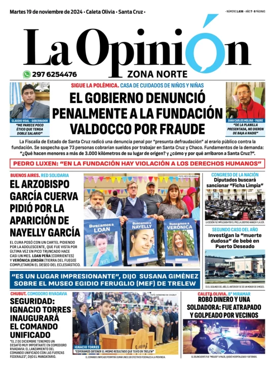 Tapa del Diario La Opinión Zona Norte edición impresa del martes 19 de noviembre de 2024, Caleta Olivia, Santa Cruz, Argentina