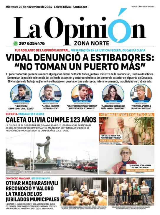 Tapa del Diario La Opinión Zona Norte edición impresa del miércoles 20 de noviembre de 2024, Caleta Olivia, Santa Cruz, Argentina