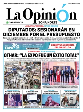 Tapa del Diario La Opinión Zona Norte edición impresa del lunes 25 de noviembre de 2024, Caleta Olivia, Santa Cruz, Argentina