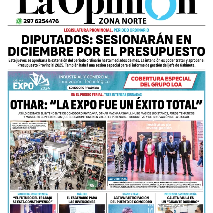 Tapa del Diario La Opinión Zona Norte edición impresa del lunes 25 de noviembre de 2024, Caleta Olivia, Santa Cruz, Argentina