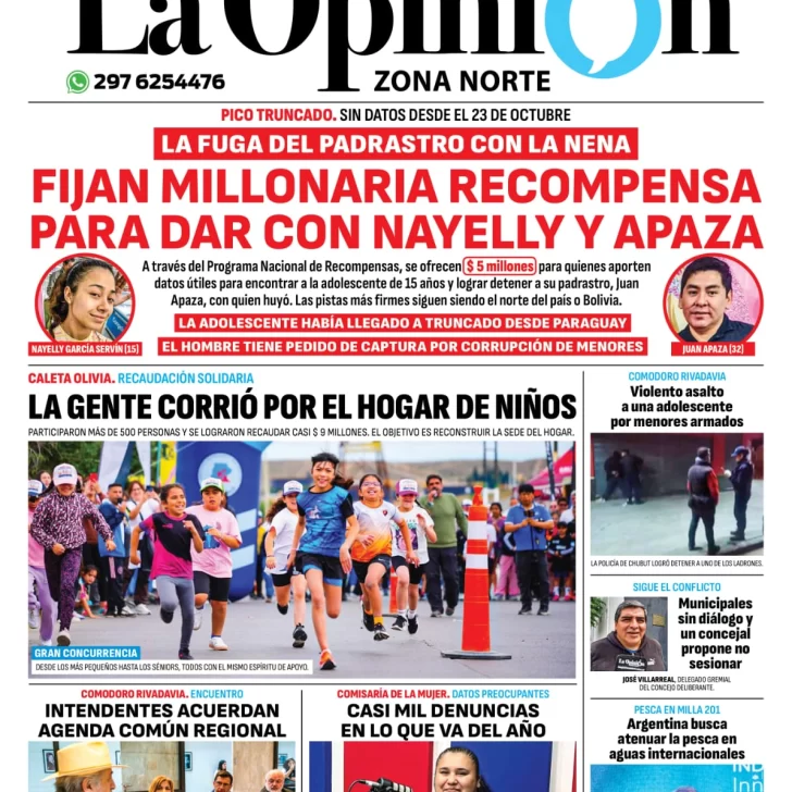Tapa del Diario La Opinión Zona Norte edición impresa del martes 26 de noviembre de 2024, Caleta Olivia, Santa Cruz, Argentina