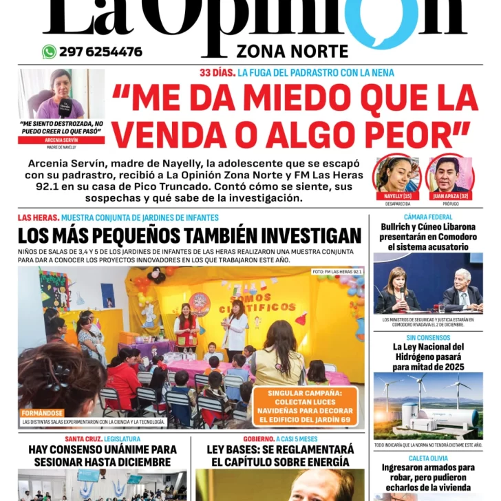 Tapa del Diario La Opinión Zona Norte edición impresa del miércoles 27 de noviembre de 2024, Caleta Olivia, Santa Cruz, Argentina