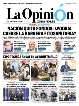 Tapa del Diario La Opinión Zona Norte edición impresa del jueves 28 de noviembre de 2024, Caleta Olivia, Santa Cruz, Argentina