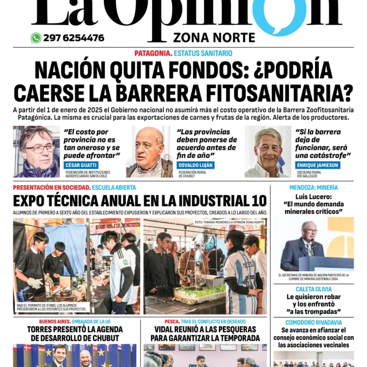 Tapa del Diario La Opinión Zona Norte edición impresa del jueves 28 de noviembre de 2024, Caleta Olivia, Santa Cruz, Argentina