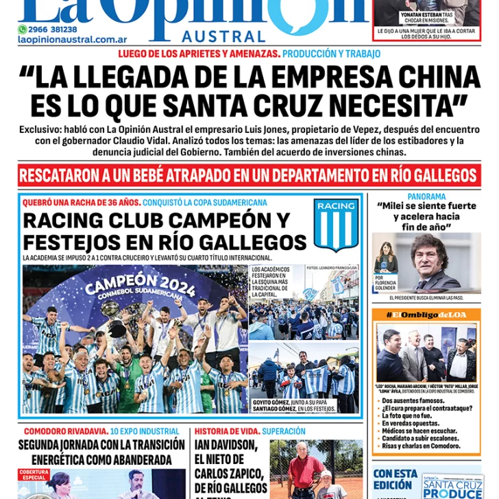 Tapa del Diario La Opinión Austral edición impresa del domingo 24 de noviembre de 2024, Río Gallegos, Santa Cruz, Argentina