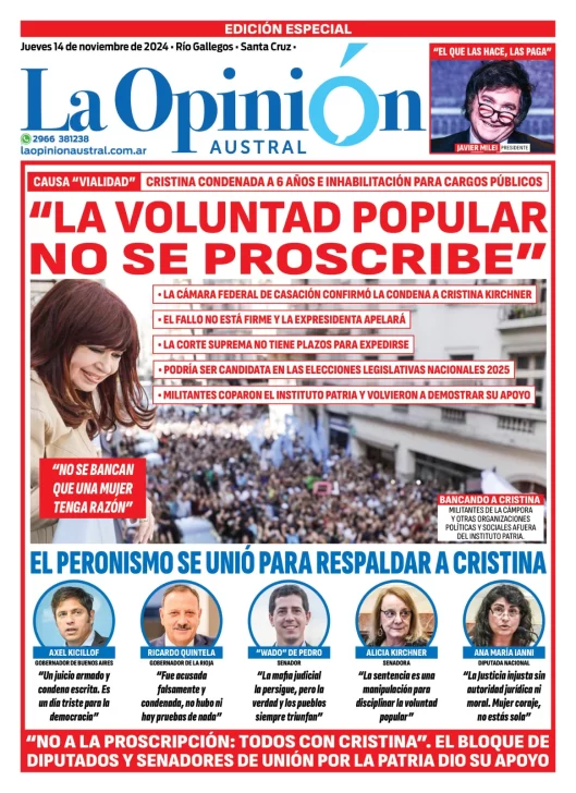 Tapa Especial de La Opinión Austral: “La voluntad popular no se proscribe”