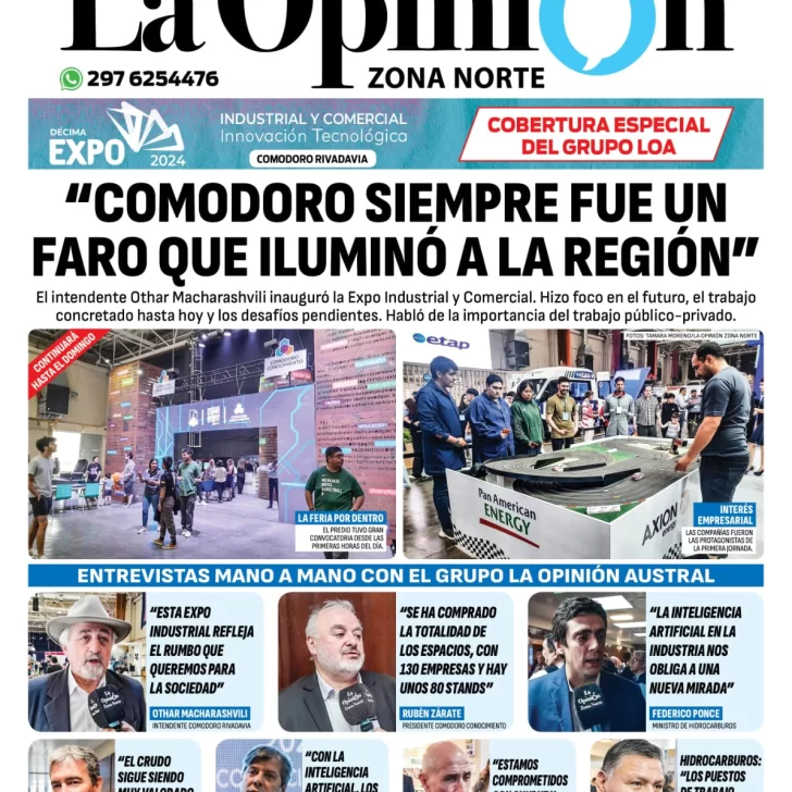 Tapa del Diario La Opinión Zona Norte edición impresa del sábado 23 de noviembre de 2024, Caleta Olivia, Santa Cruz, Argentina