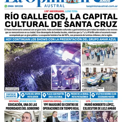 Tapa del Diario La Opinión Austral edición impresa del sábado 14 de diciembre de 2024, Río Gallegos, Santa Cruz, Argentina