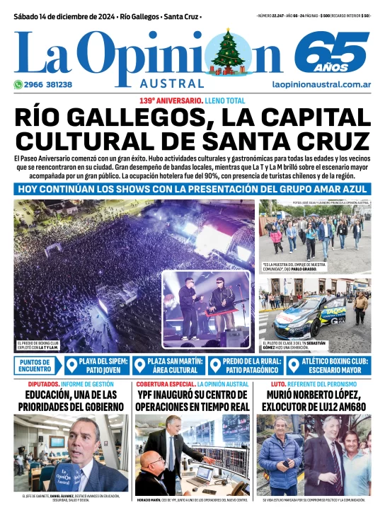 Tapa del Diario La Opinión Austral edición impresa del sábado 14 de diciembre de 2024, Río Gallegos, Santa Cruz, Argentina