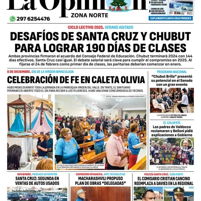 Tapa del Diario La Opinión Zona Norte edición impresa del lunes 9 de diciembre de 2024, Caleta Olivia, Santa Cruz, Argentina