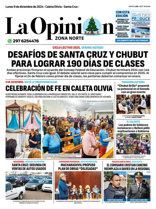 Tapa del Diario La Opinión Zona Norte edición impresa del lunes 9 de diciembre de 2024, Caleta Olivia, Santa Cruz, Argentina