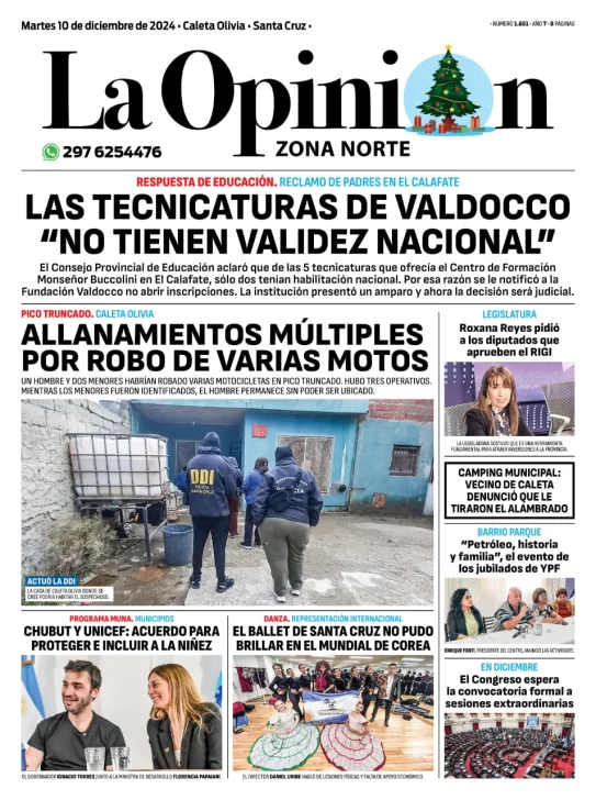 Tapa del Diario La Opinión Zona Norte edición impresa del martes 10 de diciembre de 2024, Caleta Olivia, Santa Cruz, Argentina