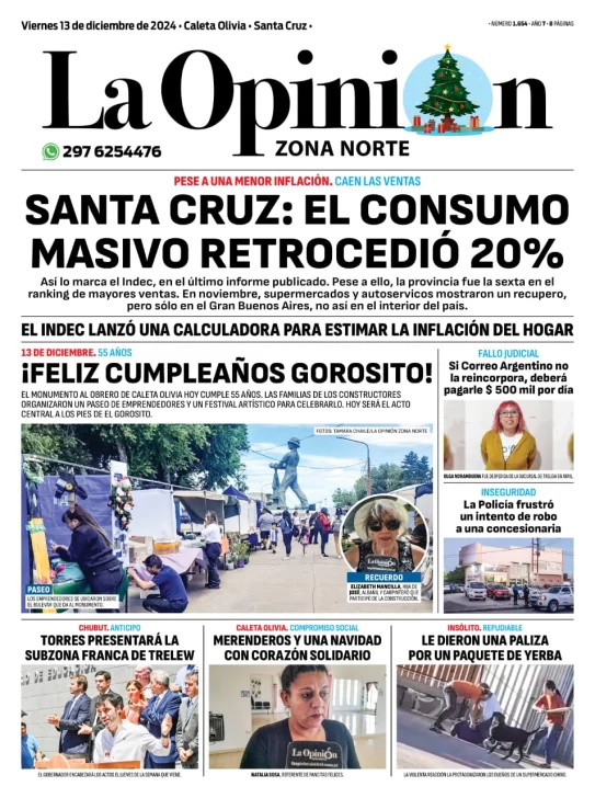 Tapa del Diario La Opinión Zona Norte edición impresa del viernes 13 de diciembre de 2024, Caleta Olivia, Santa Cruz, Argentina