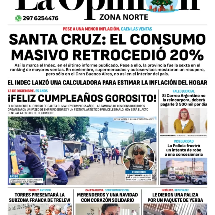 Tapa del Diario La Opinión Zona Norte edición impresa del viernes 13 de diciembre de 2024, Caleta Olivia, Santa Cruz, Argentina