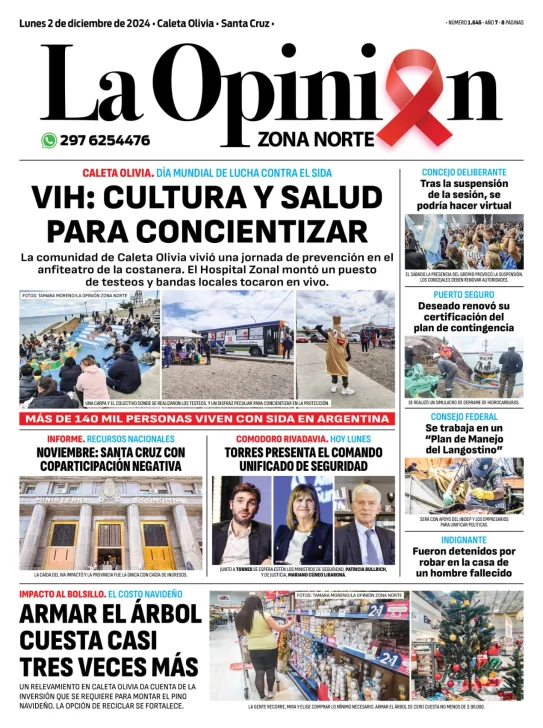 Tapa del Diario La Opinión Zona Norte edición impresa del lunes 2 de diciembre de 2024, Caleta Olivia, Santa Cruz, Argentina