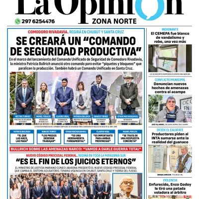 Tapa del Diario La Opinión Zona Norte edición impresa del martes 3 de diciembre de 2024, Caleta Olivia, Santa Cruz, Argentina