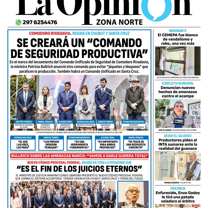 Tapa del Diario La Opinión Zona Norte edición impresa del martes 3 de diciembre de 2024, Caleta Olivia, Santa Cruz, Argentina