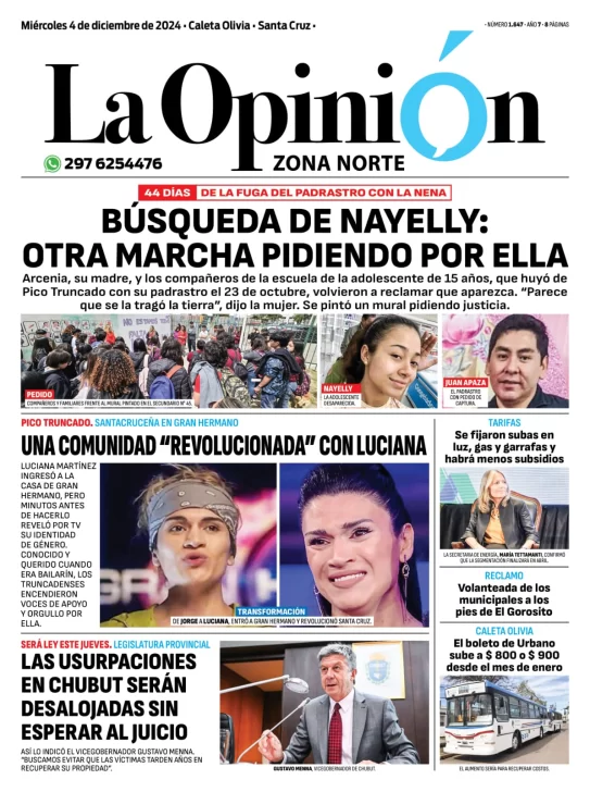 Tapa del Diario La Opinión Zona Norte edición impresa del miércoles 4 de diciembre de 2024, Caleta Olivia, Santa Cruz, Argentina