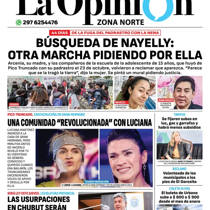 Tapa del Diario La Opinión Zona Norte edición impresa del miércoles 4 de diciembre de 2024, Caleta Olivia, Santa Cruz, Argentina