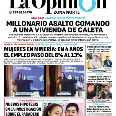 Tapa del Diario La Opinión Zona Norte edición impresa del jueves 5 de diciembre de 2024, Caleta Olivia, Santa Cruz, Argentina