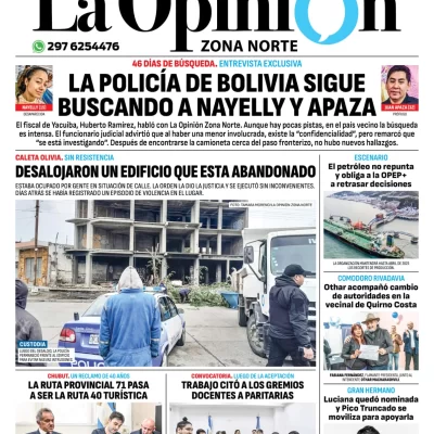 Tapa del Diario La Opinión Zona Norte edición impresa del viernes 6 de diciembre de 2024, Caleta Olivia, Santa Cruz, Argentina