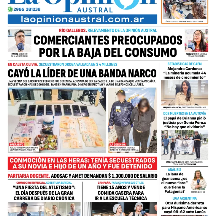 Tapa del Diario La Opinión Austral edición impresa del lunes 27 de enero de 2025, Río Gallegos, Santa Cruz, Argentina