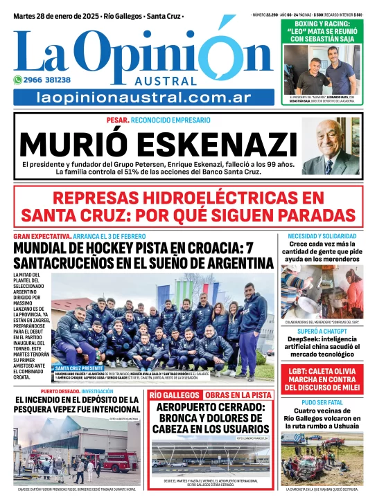 Tapa del Diario La Opinión Austral edición impresa del martes 28 de enero de 2025, Río Gallegos, Santa Cruz, Argentina