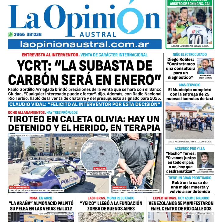 Tapa del Diario La Opinión Austral edición impresa del viernes 10 de enero de 2025, Río Gallegos, Santa Cruz, Argentina Tapa del Diario La Opinión Austral edición impresa del viernes 10 de enero de 2025, Río Gallegos, Santa Cruz, Argentina