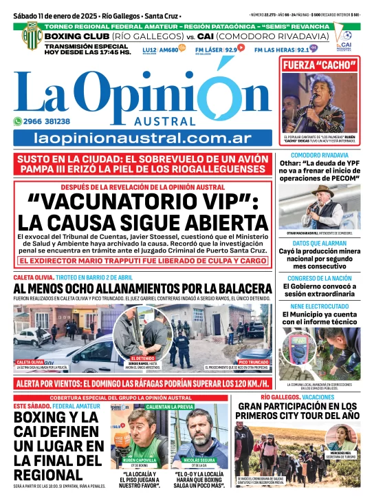 Tapa del Diario La Opinión Austral edición impresa del sábado 11 de enero de 2025, Río Gallegos, Santa Cruz, Argentina