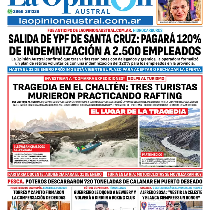 Tapa del Diario La Opinión Austral edición impresa del sábado 18 de enero de 2025, Río Gallegos, Santa Cruz, Argentina