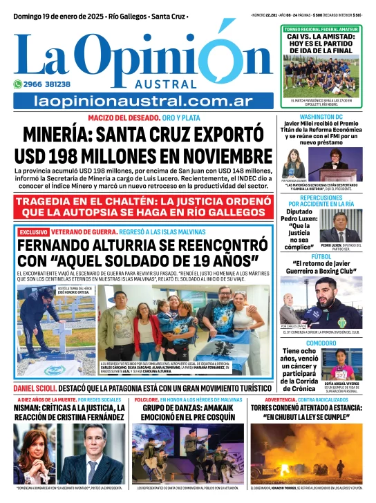 Tapa del Diario La Opinión Austral edición impresa del domingo 19 de enero de 2025, Río Gallegos, Santa Cruz, Argentina