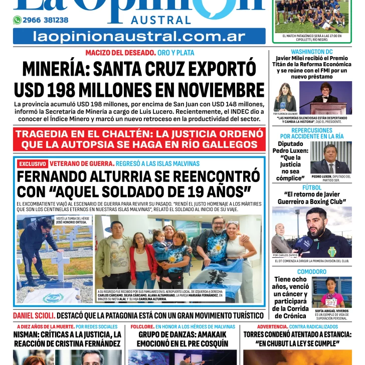 Tapa del Diario La Opinión Austral edición impresa del domingo 19 de enero de 2025, Río Gallegos, Santa Cruz, Argentina