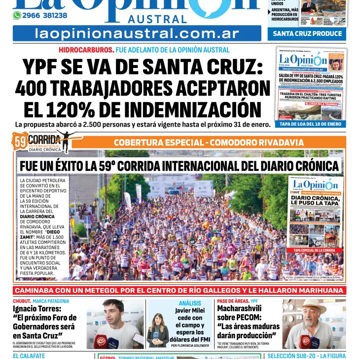 Tapa del Diario La Opinión Austral edición impresa del domingo 26 de enero de 2025, Río Gallegos, Santa Cruz, Argentina