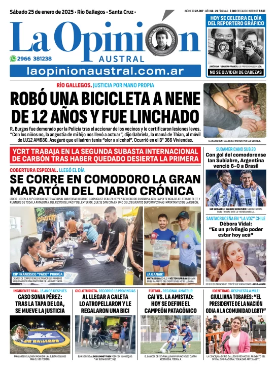 Tapa del Diario La Opinión Austral edición impresa del sábado 25 de enero de 2025, Río Gallegos, Santa Cruz, Argentina