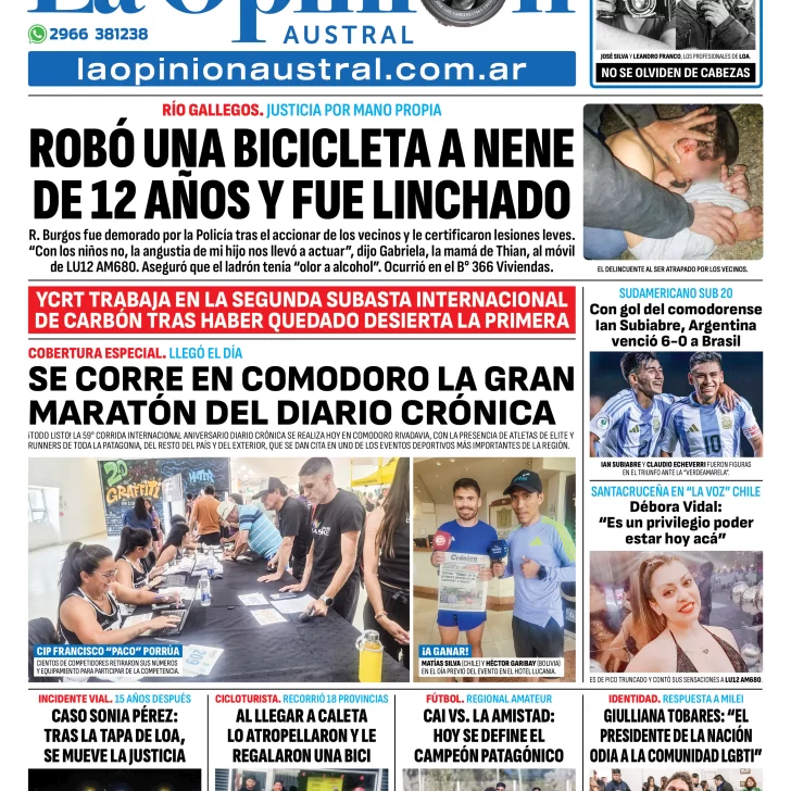 Tapa del Diario La Opinión Austral edición impresa del sábado 25 de enero de 2025, Río Gallegos, Santa Cruz, Argentina