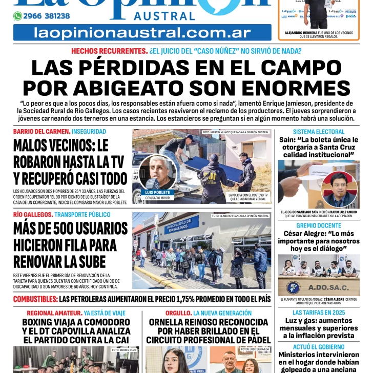 Tapa del Diario La Opinión Austral edición impresa del sábado 4 de enero de 2025, Río Gallegos, Santa Cruz, Argentina Tapa del Diario La Opinión Austral edición impresa del sábado 4 de enero de 2025, Río Gallegos, Santa Cruz, Argentina