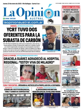 Tapa del Diario La Opinión Austral edición impresa del jueves 23 de enero de 2025, Río Gallegos, Santa Cruz, Argentina