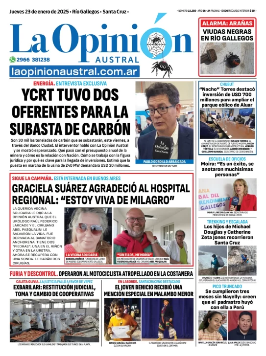 Tapa del Diario La Opinión Austral edición impresa del jueves 23 de enero de 2025, Río Gallegos, Santa Cruz, Argentina