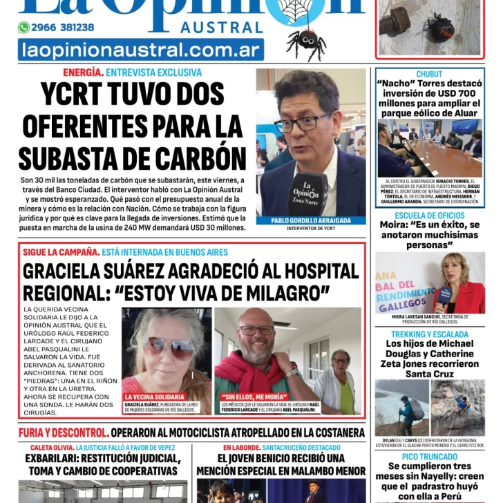 Tapa del Diario La Opinión Austral edición impresa del jueves 23 de enero de 2025, Río Gallegos, Santa Cruz, Argentina