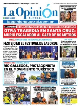 Tapa del Diario La Opinión Austral edición impresa del lunes 20 de enero de 2025, Río Gallegos, Santa Cruz, Argentina