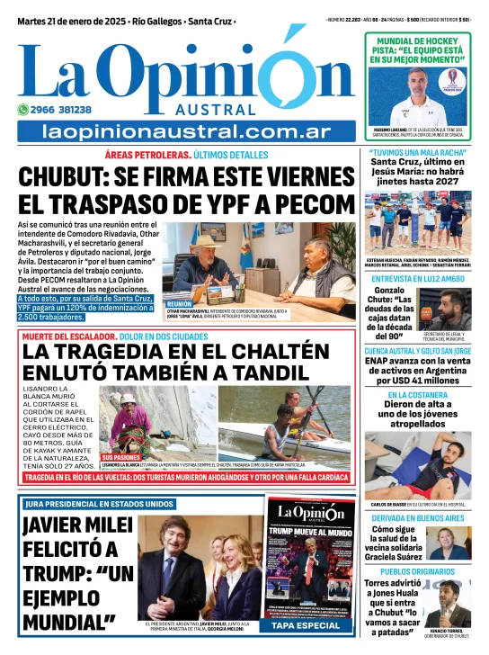 Tapa del Diario La Opinión Austral edición impresa del martes 21 de enero de 2025, Río Gallegos, Santa Cruz, Argentina