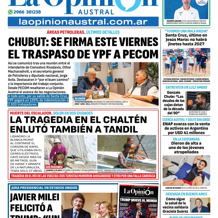 Tapa del Diario La Opinión Austral edición impresa del martes 21 de enero de 2025, Río Gallegos, Santa Cruz, Argentina