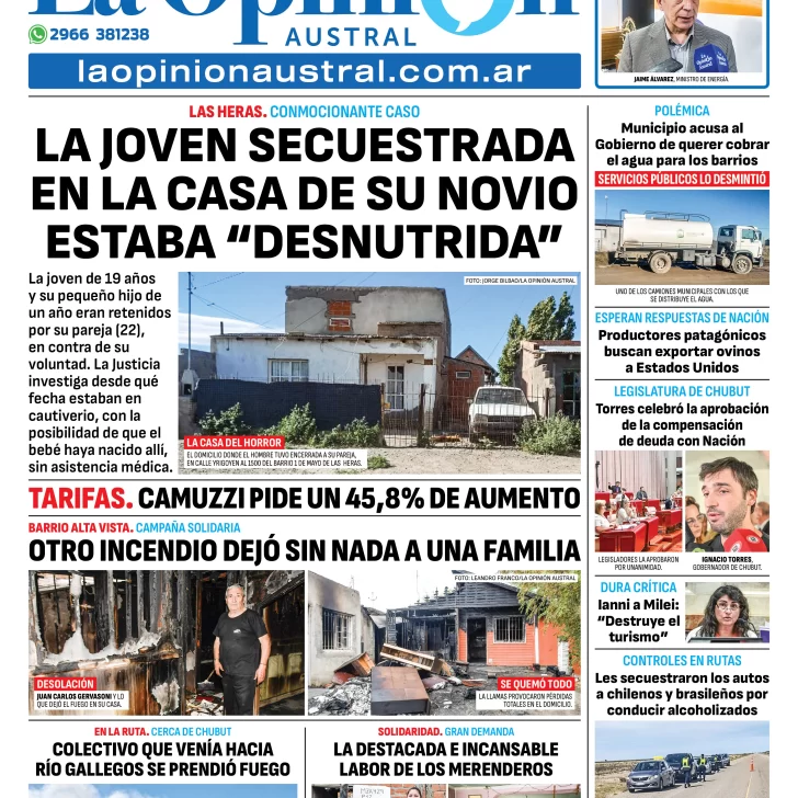 Tapa del Diario La Opinión Austral edición impresa del jueves 30 de enero de 2025, Río Gallegos, Santa Cruz, Argentina Tapa del Diario La Opinión Austral edición impresa del jueves 30 de enero de 2025, Río Gallegos, Santa Cruz, Argentina