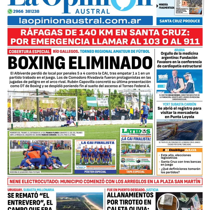 Tapa del Diario La Opinión Austral edición impresa del domingo 12 de enero de 2025, Río Gallegos, Santa Cruz, Argentina Tapa del Diario La Opinión Austral edición impresa del domingo 12 de enero de 2025, Río Gallegos, Santa Cruz, Argentina