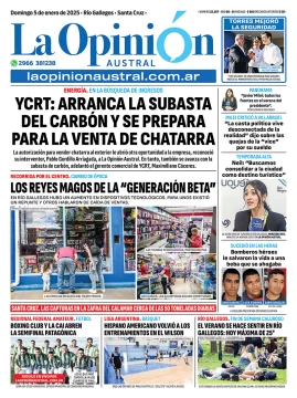 Tapa del Diario La Opinión Austral edición impresa del domingo 5 de enero de 2025, Río Gallegos, Santa Cruz, Argentina Tapa del Diario La Opinión Austral edición impresa del domingo 5 de enero de 2025, Río Gallegos, Santa Cruz, Argentina